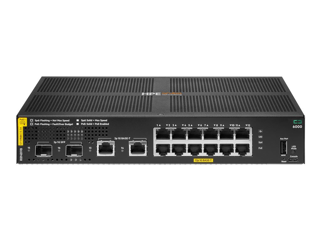 8e7c94f0-ce8c-494d-b1fc-299ba9a83f37 HPE Aruba Networking CX 6000 12p 10M/100M/1G Class4 PoE 2p SFP 1G 139W Stikalo - stikalo - 12 vrat - upravljano - priklopno v rack - slika 1