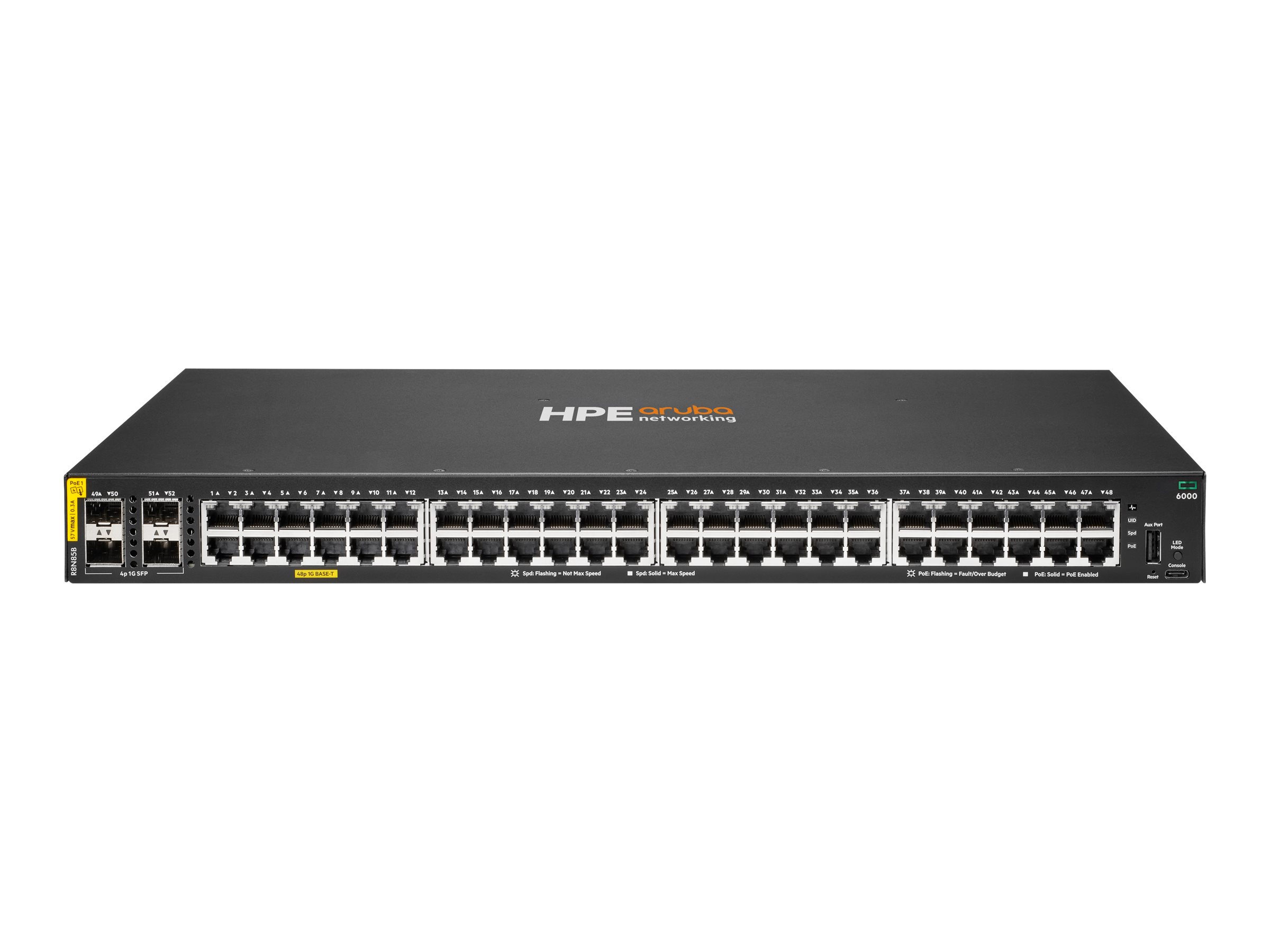 755d615b-d703-40d4-ae29-6fe3620f12a0 HPE Aruba Networking CX 6000 48p 10M/100M/1G Class4 PoE 4p SFP 1G 370W Stikalo - stikalo - 48 vrat - upravljano - priklopno v rack - slika 1